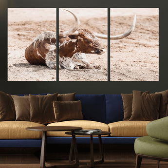 25407592-MGV-CV-36X24-Texas Longhorn Wall Art Canvas Print, Framed Resting Bull Art Picture Print, Spotted Cattle Perfect Rustic Western Decor Artwork