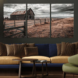 73898372-MGV-CV-36X24-Rustic Barn Wall Art Canvas Print, Framed Moody Field Art Picture Print, Weathered Fence Perfect Moody Farmhouse Decor Artwork