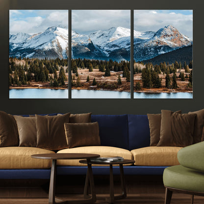 36247746-MGV-CV-36X24-Snowy Peaks Wall Art Canvas Print, Framed Alpine Lake Art Picture Print, Pine Forest Perfect Alpine Wilderness Decor Artwork