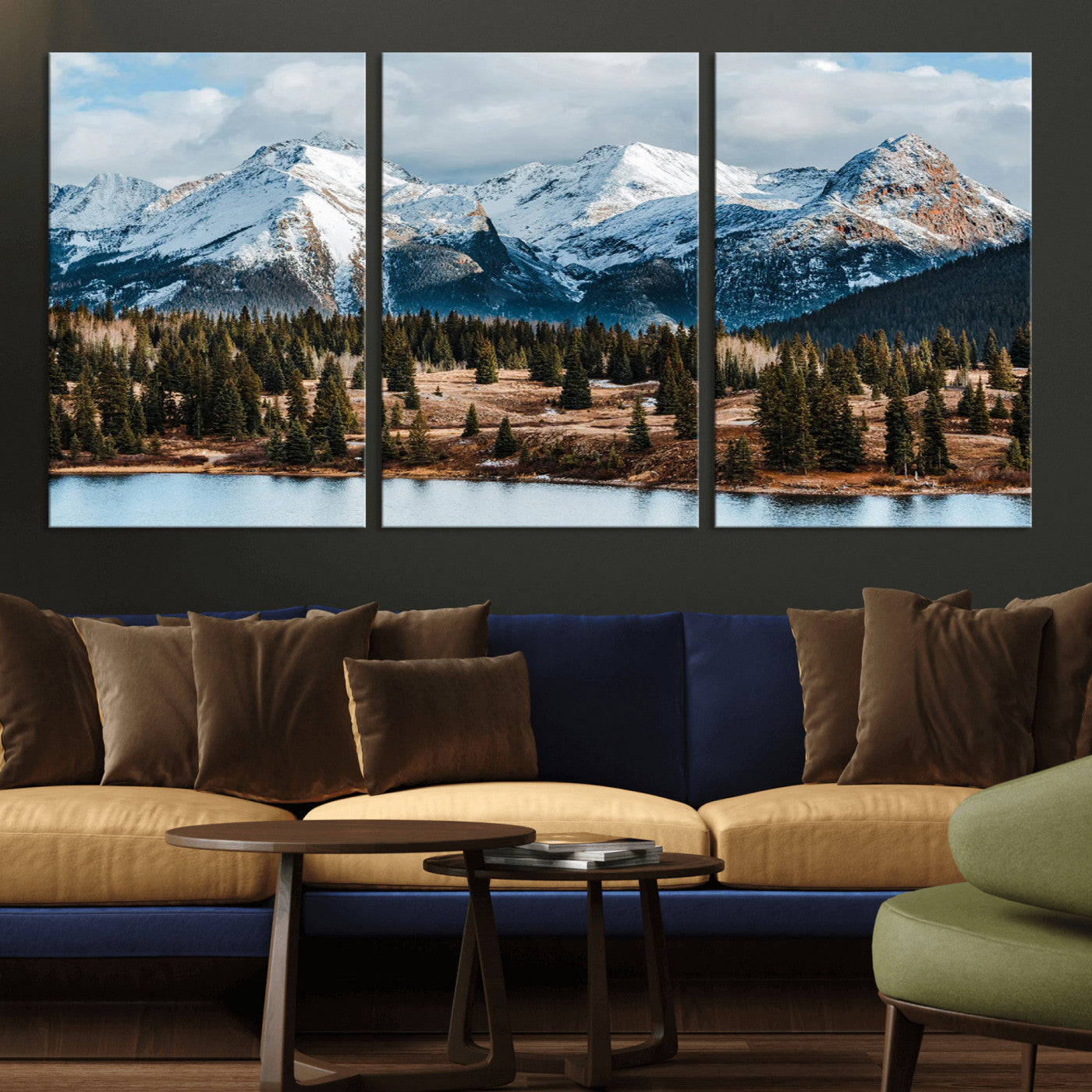 36247746-MGV-CV-36X24-Snowy Peaks Wall Art Canvas Print, Framed Alpine Lake Art Picture Print, Pine Forest Perfect Alpine Wilderness Decor Artwork