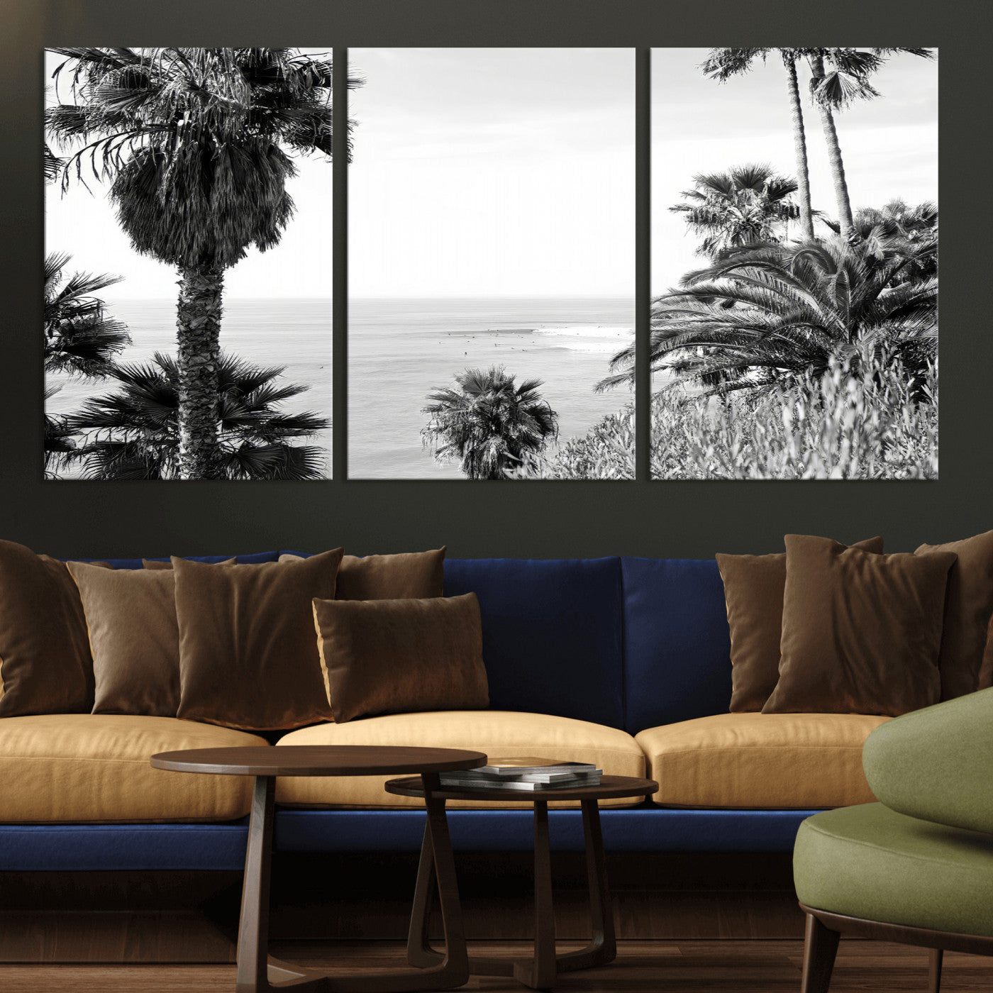 89458520-MGV-CV-36X24-Palm Trees Wall Art Canvas Print, Framed Coastal View Art Picture Print, Ocean Horizon Perfect Monochrome Coast Decor Artwork