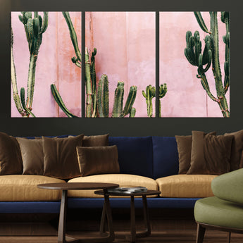 93119502-MGV-CV-36X24-Tall Cactus Wall Art Canvas Print, Framed Pink Wall Art Picture Print, Cactus Lines Perfect Modern Desert Decor Artwork