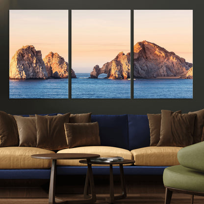 72996116-MGV-CV-36X24-El Arco Wall Art Canvas Print, Framed Cabo Rocks Art Picture Print, Ocean Arch Perfect Golden Coastal Landmark Decor Artwork