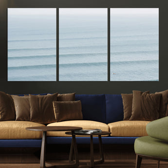 47814787-MGV-CV-36X24-Ocean Waves Wall Art Canvas Print, Framed Solo Surfer Art Picture Print, Wave Lines Perfect Minimalist Ocean Decor Artwork