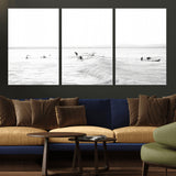 33449548-MGV-CV-36X24-Group Surfers Wall Art Canvas Print, Framed Ocean Wave Art Picture Print, Surf Crowd Perfect Monochrome Surf Decor Artwork