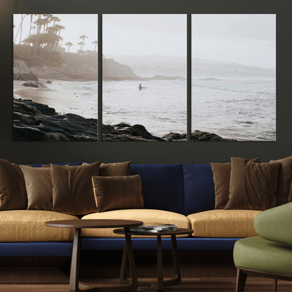62501405-MGV-CV-36X24-Misty Beach Wall Art Canvas Print, Framed California Surfer Art Picture Print, Coastal Cliff Perfect Coastal Beach Decor Artwork