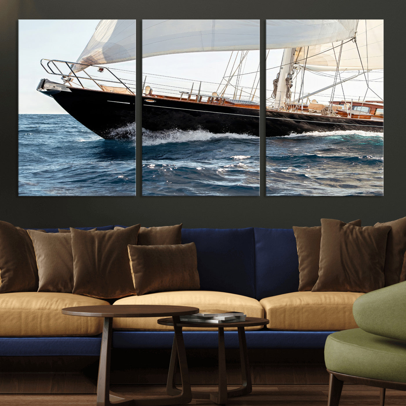 97168626-MGV-CV-36X24-Sailing Yacht Wall Art Canvas Print, Framed Wooden Yacht Art Picture Print, Ocean Waves Perfect Nautical Coastal Decor Artwork