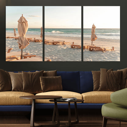 58507949-MGV-CV-36X24-Beach Umbrellas Wall Art Canvas Print, Framed Empty Loungers Art Picture Print, Soft Sand Perfect Minimalist Seaside Decor Artwork