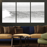 81535128-MGV-CV-36X24-Surfer Woman Wall Art Canvas Print, Framed Black Ocean Art Picture Print, Ocean Surfing Perfect Monochrome Coastal Decor Artwork