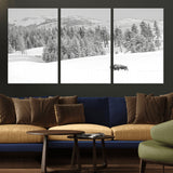68081143-MGV-CV-36X24-Snowy Bison Wall Art Canvas Print, Framed Winter Forest Art Picture Print, Lone Bison Perfect Monochrome Winter Wild Decor Artwork