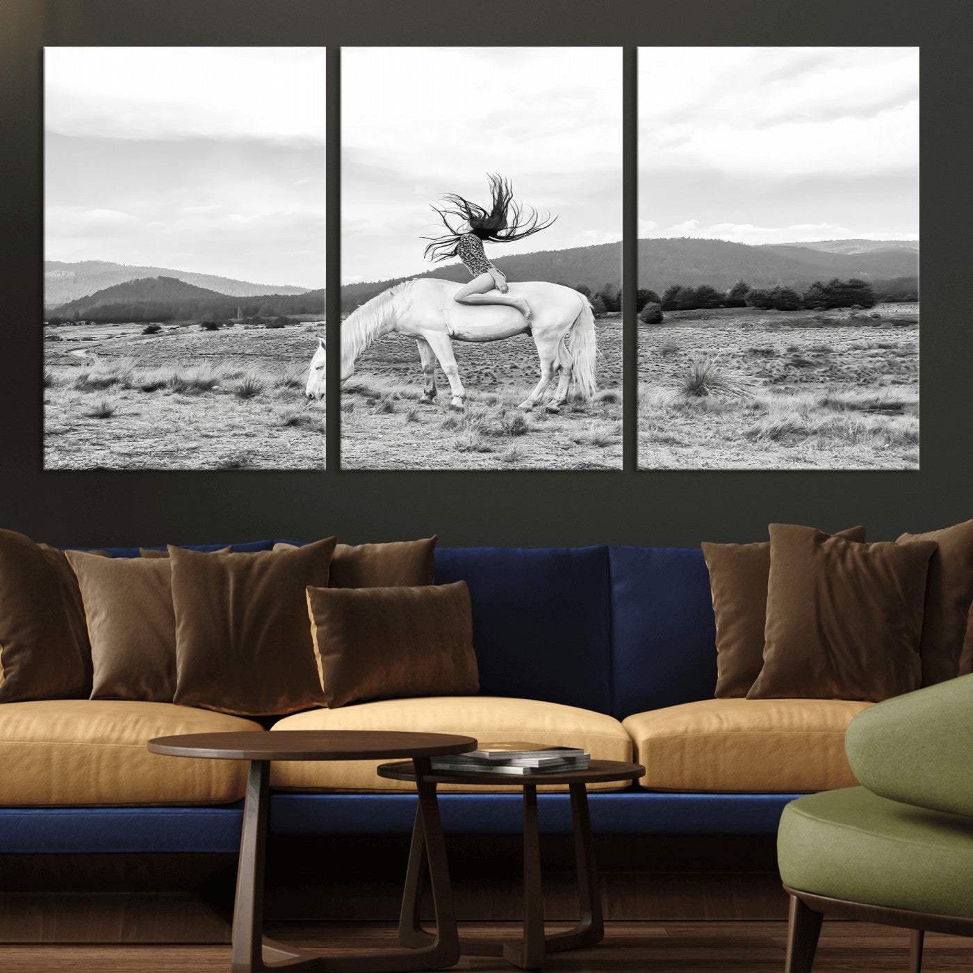 62789800-MGV-CV-36X24-White Horse Wall Art Canvas Print, Framed Woman Rider Art Picture Print, Equestrian Pose Perfect Western Boho Decor Artwork