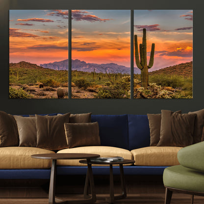 25332783-MGV-CV-36X24-Saguaro Cactus Wall Art Canvas Print, Framed Arizona Sunset Art Picture Print, Sonoran Desert Perfect Southwestern Boho Decor
