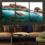 44200301-MGV-CV-36X24-Sea Turtle Swim Wall Art Canvas Print, Framed Ocean Life Art Picture Print, Tropical Shoreline Perfect Tropical Coastal Decor