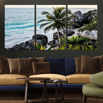 94669907-MGV-CV-36X24-Tropical Coastline Wall Art Canvas Print, Framed Palm Tree Art Picture Print, Rocky Beach Perfect Tropical Coastal Decor Artwork