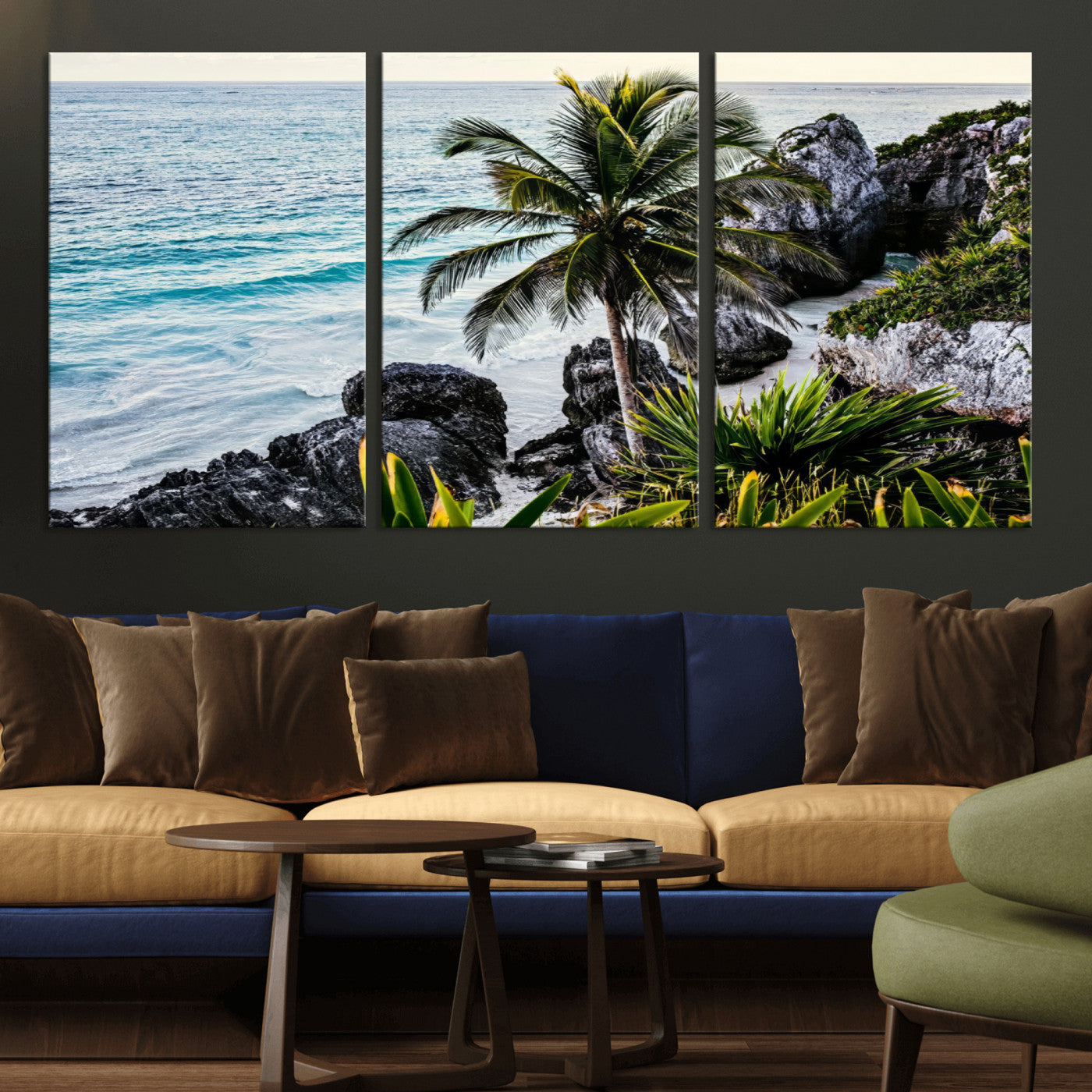 94669907-MGV-CV-36X24-Tropical Coastline Wall Art Canvas Print, Framed Palm Tree Art Picture Print, Rocky Beach Perfect Tropical Coastal Decor Artwork