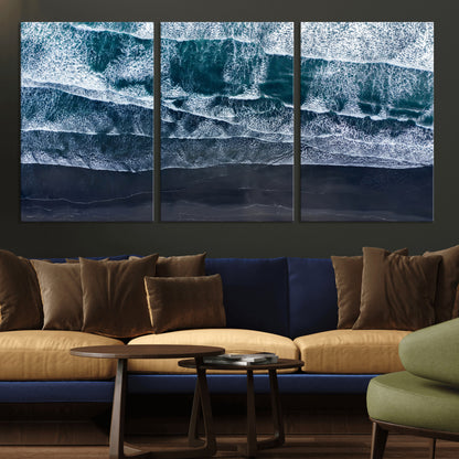 87941475-MGV-CV-36X24-Black Beach Wall Art Canvas Print, Framed Aerial Ocean Art Picture Print, Moody Coastal Perfect Modern Coastal Decor Artwork