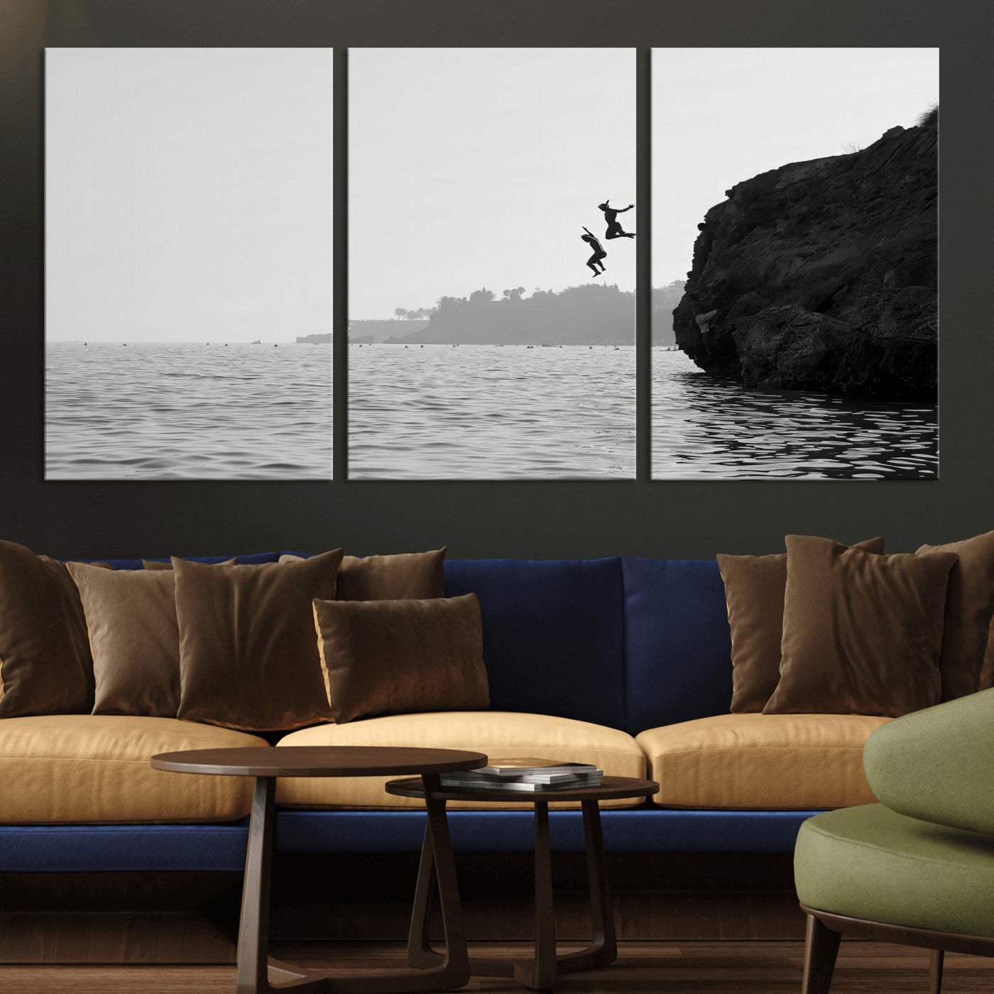 52284302-MGV-CV-36X24-Cliff Jumping Wall Art Canvas Print, Framed Ocean Adventure Art Picture Print, Black White Coast Perfect Modern Coastal Decor