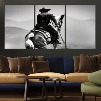 83102464-MGV-CV-36X24-Western Cowboy Wall Art Canvas Print, Framed Monochrome Horse Art Picture Print, Western Equestrian Perfect Rustic Western Decor