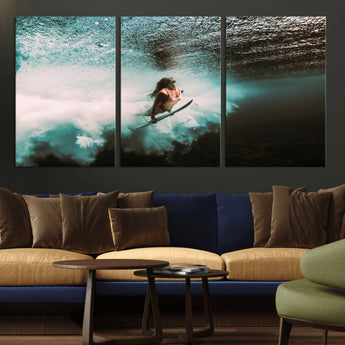 85923512-MGV-CV-36X24-Aquatic Motion Wall Art Canvas Print, Framed Underwater Swimming Art Picture Print, Female Surfer Diving Perfect Coastal Boho