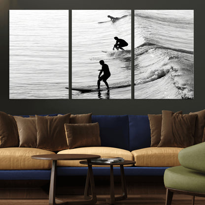 19875284-MGV-CV-36X24-Surfer Waves Wall Art Canvas Print, Framed Black White Surf Art Picture Print, Monochrome Ocean Perfect Modern Coastal Decor