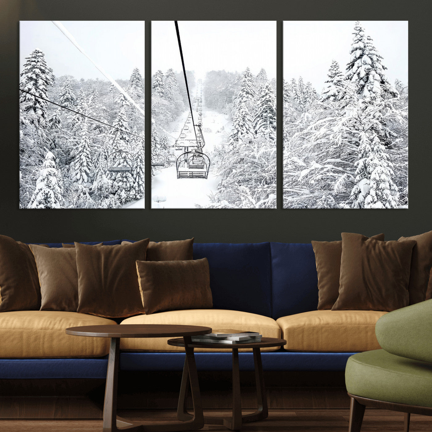 44705668-MGV-CV-36X24-Winter Forest Wall Art Canvas Print, Framed Snowy Forest Art Picture Print, Ski Lift Perfect Scandinavian Decor Artwork