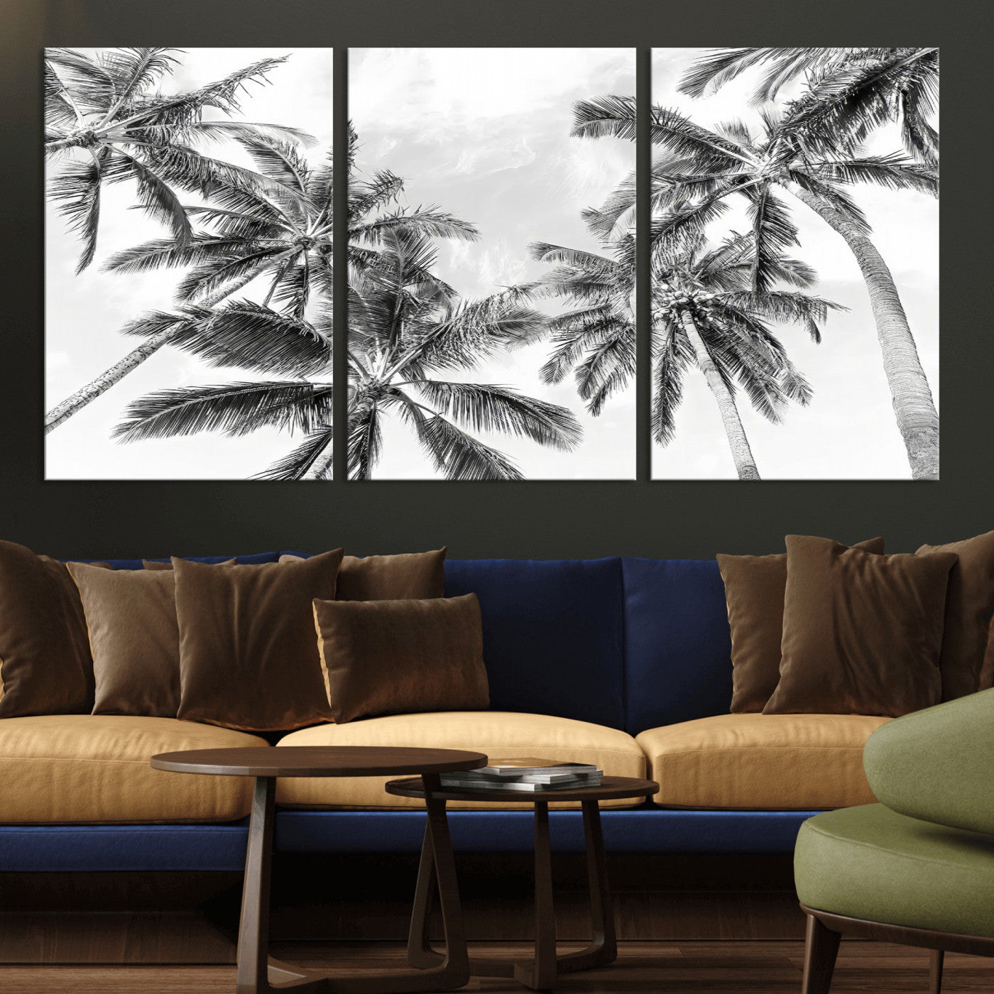 62113786-MGV-CV-36X24-Black White Palm Wall Art Canvas Print, Framed Monochrome Tropics Art Picture Print, Minimalist Beach Perfect Coastal Minimalist