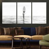 98446901-MGV-CV-36X24-Monochrome Surf Wall Art Canvas Print, Framed Minimalist Surfer Art Picture Print, Surfboard Silhouette Perfect Coastal Minimalist