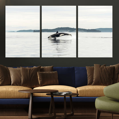 10157174-MGV-CV-36X24-Orca Whale Wall Art Canvas Print, Framed Black White Whale Art Picture Print, Minimalist Ocean Perfect Coastal Minimalist Decor