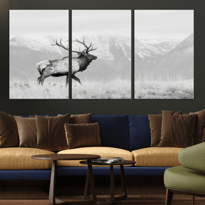 62278753-MGV-CV-36X24-Monochrome Elk Wall Art Canvas Print, Framed Mountain Wildlife Art Picture Print, Rustic Nature Perfect Rustic Minimalist Decor
