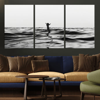 69541918-MGV-CV-36X24-Black White Ocean Wall Art Canvas Print, Framed Moody Seascape Art Picture Print, Surfer Sign Perfect Moody Minimalist Decor