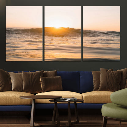 16973771-MGV-CV-36X24-Calm Water Wall Art Canvas Print, Framed Sunset Waves Art Picture Print, Coastal Warmth Perfect Warm Minimalist Decor Artwork