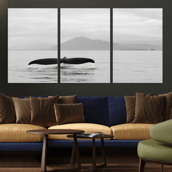 30524220-MGV-CV-36X24-Whale Tail Wall Art Canvas Print, Framed Black White Ocean Art Picture Print, Calm Marine Perfect Minimalist Coastal Decor Artwork