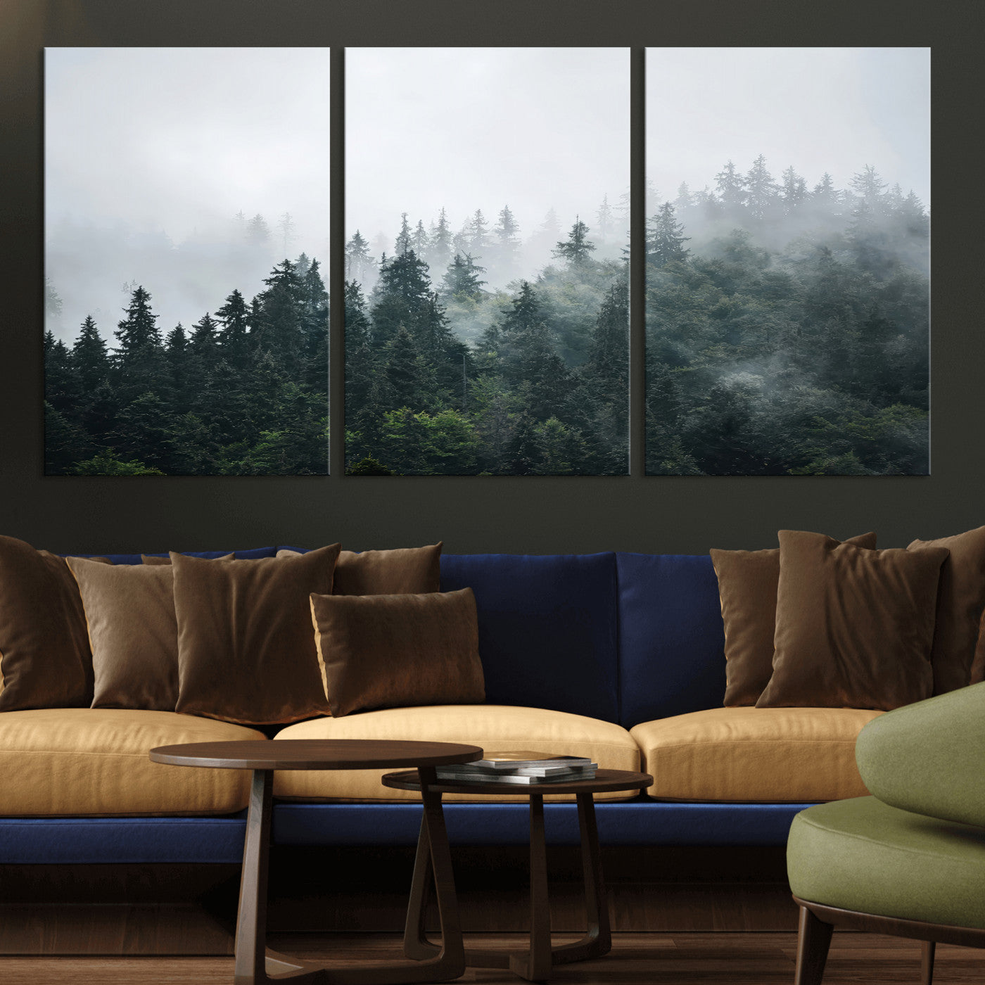 84146572-MGV-CV-36X24-Foggy Pine Trees Wall Art Canvas Print, Framed Forest Nature Art Picture Print, Evergreen Forest Perfect Scandinavian Minimalist