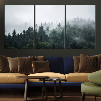 84146572-MGV-CV-36X24-Foggy Pine Trees Wall Art Canvas Print, Framed Forest Nature Art Picture Print, Evergreen Forest Perfect Scandinavian Minimalist