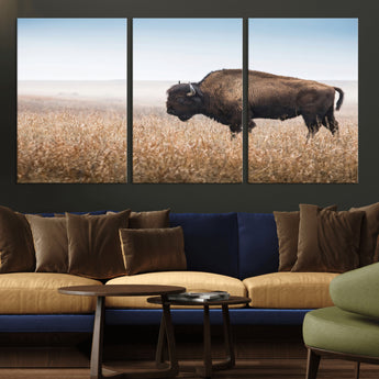 99620201-MGV-CV-36X24-Wild Bison Wall Art Canvas Print, Framed Bison in Prairie Art Picture Print, Rustic Western Perfect Rustic Western Decor Artwork
