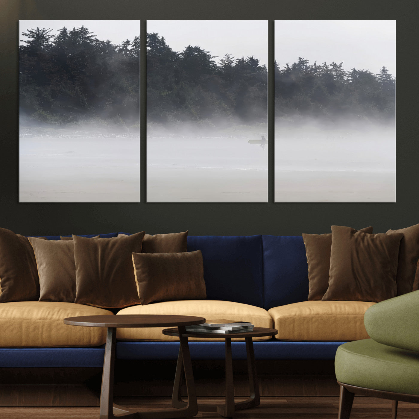 59703275-MGV-CV-36X24-Surfer in Fog Wall Art Canvas Print, Framed Foggy Beach Art Picture Print, Coastal Surf Perfect Moody Coastal Decor Artwork