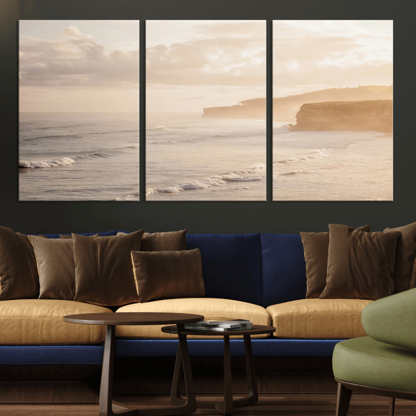 57669769-MGV-CV-36X24-Misty Coastal Wall Art Canvas Print, Framed Golden Sunset Art Picture Print, Serene Shoreline Perfect Tranquil Coastal Decor