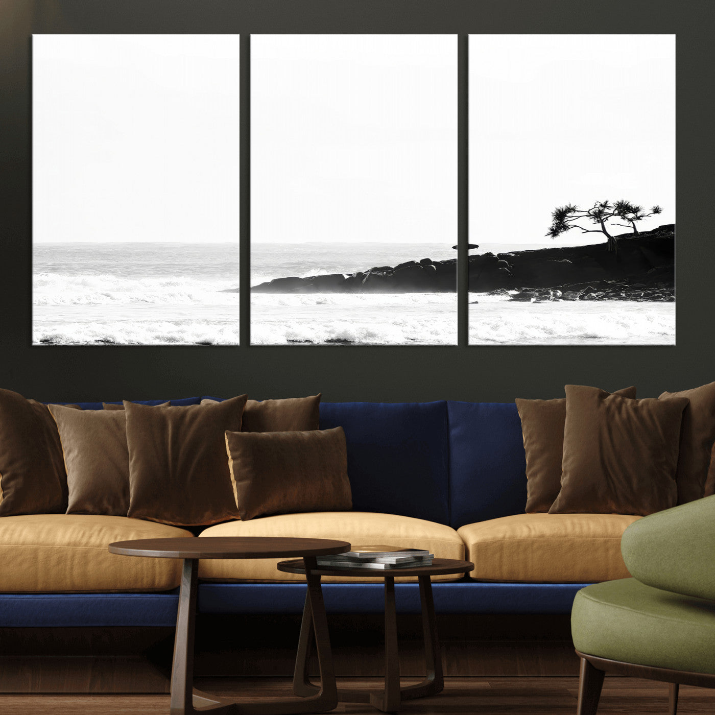 40875891-MGV-CV-36X24-SurferCliffs Wall Art Canvas Print, Framed Black White Beach Art Picture Print, Ocean Waves Perfect Minimalist Coastal Decor