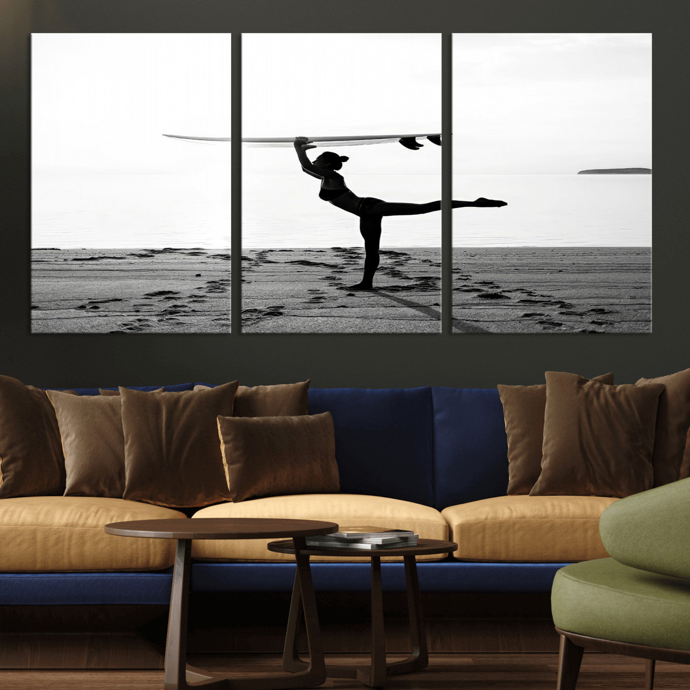 28441356-MGV-CV-36X24-Yoga Surf Wall Art Canvas Print, Framed Black White Shore Art Picture Print, Peaceful Ocean Perfect Minimalist Coastal Decor