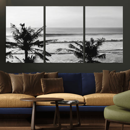 17508038-MGV-CV-36X24-Tropical Coastline Wall Art Canvas Print, Framed Palm Trees Art Picture Print, Ocean Waves Perfect Minimalist Coastal Decor