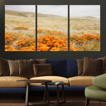 28972262-MGV-CV-36X24-Golden Wildflowers Wall Art Canvas Print, Framed Hills Bloom Art Picture Print, Poppy Meadow Perfect Rustic Nature Decor Artwork