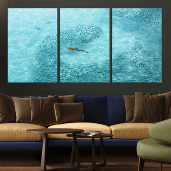 43671474-MGV-CV-36X24-Fish Swarm Wall Art Canvas Print, Framed Marine Life Art Picture Print, Shark Aerial Perfect Wildlife Coastal Decor Artwork