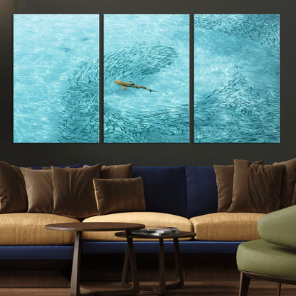 43671474-MGV-CV-36X24-Fish Swarm Wall Art Canvas Print, Framed Marine Life Art Picture Print, Shark Aerial Perfect Wildlife Coastal Decor Artwork