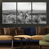 24051061-MGV-CV-36X24-Monochrome Highland Cow Wall Art Canvas Print, Framed Scottish Bull Art Picture Print, Lone Cattle Perfect Rustic Farmhouse Decor