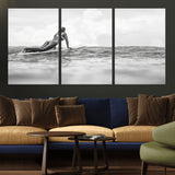 69798068-MGV-CV-36X24-Black White Surfing Wall Art Canvas Print, Framed Ocean Horizon Art Picture Print, Surfer Girl Perfect Coastal Adventure Decor