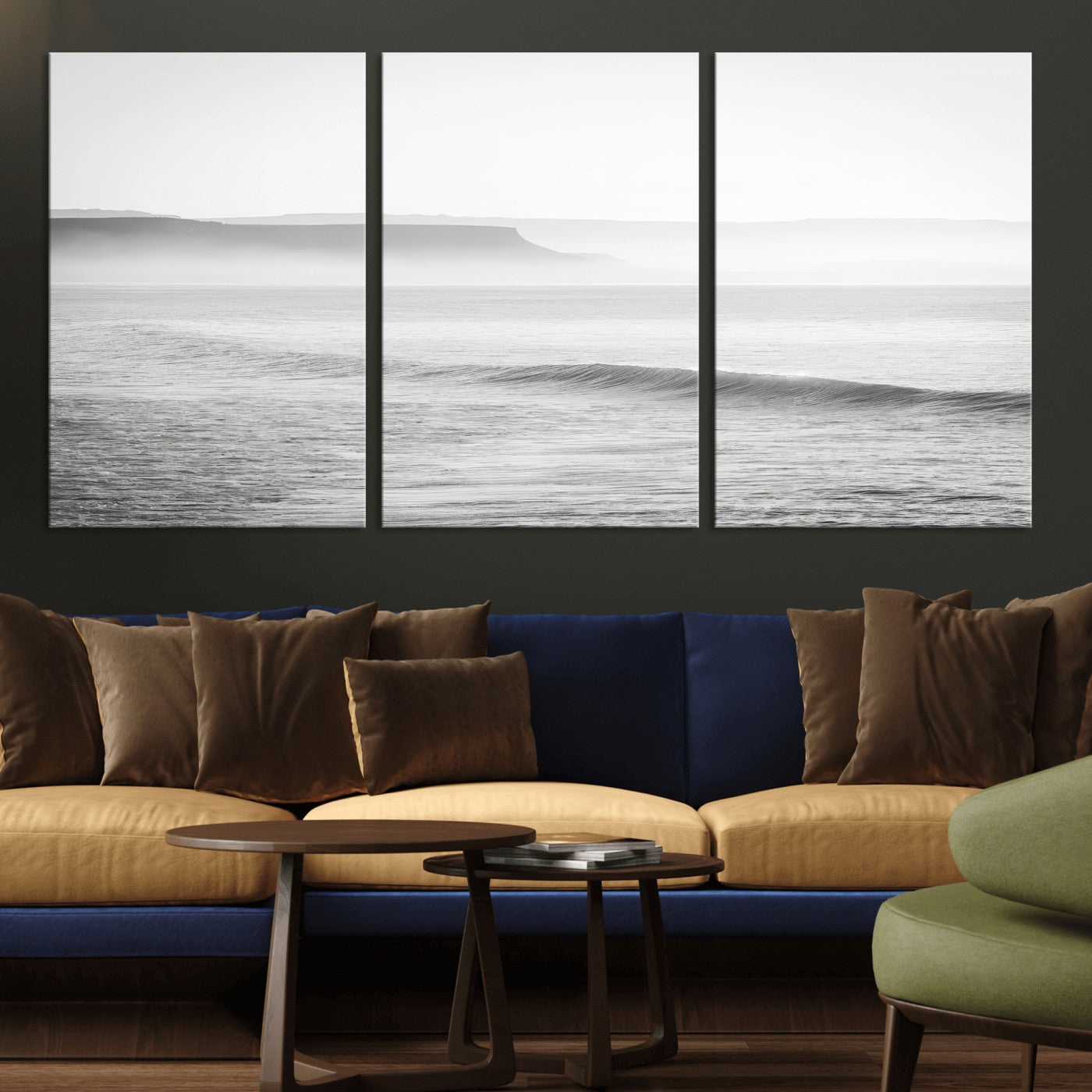 60635783-MGV-CV-36X24-Black White Seascape Wall Art Canvas Print, Framed Ocean Waves Art Picture Print, Misty Coastal Perfect Minimalist Coastal Decor