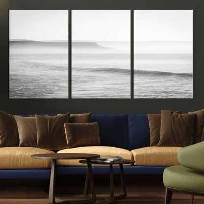 60635783-MGV-CV-36X24-Black White Seascape Wall Art Canvas Print, Framed Ocean Waves Art Picture Print, Misty Coastal Perfect Minimalist Coastal Decor