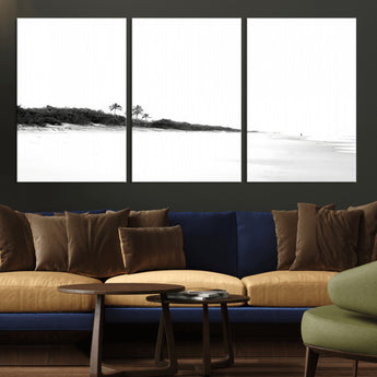 29611516-MGV-CV-36X24-Black White Beach Wall Art Canvas Print, Framed Palm Trees Art Picture Print, Monochrome Tropical Perfect Minimalist Coastal Decor