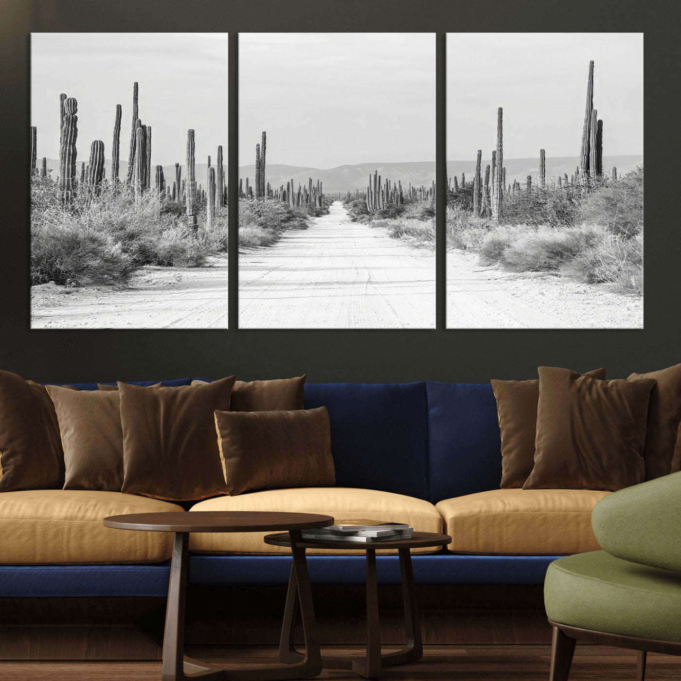 35537313-MGV-CV-36X24-Monochrome Desert Wall Art Canvas Print, Framed Cactus Path Art Picture Print, Southwestern Landscape Perfect Southwestern