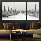 35537313-MGV-CV-36X24-Monochrome Desert Wall Art Canvas Print, Framed Cactus Path Art Picture Print, Southwestern Landscape Perfect Southwestern